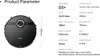 A top-down view of a black robot vacuum cleaner with a diagram showing its dimensions and a table of its product parameters. Náhled obrázku produktu