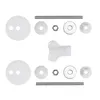 A collection of toilet seat mounting hardware, including bolts, nuts, washers, and plastic caps, arranged on a white background. Produktbild-Vorschau