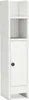 A white, narrow bathroom cabinet with a single door and an open shelf above. Náhľad obrázku produktu