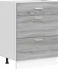 A three-drawer kitchen base cabinet with a gray wood grain finish and white sides, shown from the front. Anteprima dell’immagine prodotto