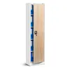 A tall, narrow metal cabinet with a light wood-effect door, shown open to reveal shelves filled with blue binders. Produktbild-Vorschau