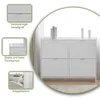 A white shoe cabinet with four flip-down drawers, shown in a room with a window and curtains in the background. Insets highlight product features like the metal handle, smooth edges, and the flip-down compartments. Náhled obrázku produktu
