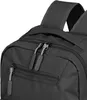 A close-up view of the zippers and straps of a black backpack. Produktbild-Vorschau