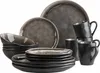 A collection of dark gray ceramic dishes and mugs arranged on a white background. Produktbild-Vorschau