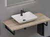 A modern bathroom vanity with a square vessel sink and a black faucet. Produktbild-Vorschau