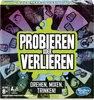 The image shows the front of a board game box. The game is called 'Probieren Oder Verlieren' and features colorful graphics of cups and liquid being poured. Produktbild-Vorschau