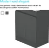 A close-up view of a modern, minimalist bathroom cabinet with two doors, presented against a white background. Text overlays describe the product's design and features. Produktbild-Vorschau