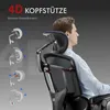 A man sitting in an ergonomic office chair, with diagrams illustrating the adjustable headrest. Voir les images du produit