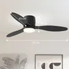A modern black ceiling fan with LED light mounted on a white ceiling. Voir les images du produit