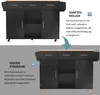 Two images of a black kitchen island, one showing it on wheels and the other on wooden feet, with descriptive text. Voir les images du produit