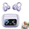 A collage showing a pair of purple clip-on Bluetooth earbuds, their charging case with a cute emoji display, and a woman jogging while wearing earbuds. Produktbild-Vorschau