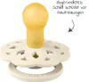A close-up of a baby pacifier with text and an arrow pointing to the shield. Produktbild-Vorschau