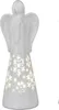A white ceramic angel figurine with LED lights and snowflake cutouts. Produktbild-Vorschau