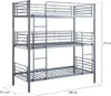 A grey metal triple bunk bed shown against a white background with dimensions indicated. Voir les images du produit