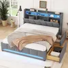 A modern upholstered bed frame with integrated storage and LED lighting, shown in a bedroom setting. Náhled obrázku produktu