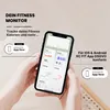 Hands holding a smartphone displaying a fitness app interface, with marketing text and app download buttons surrounding it. Produktbild-Vorschau