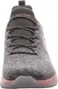 A close-up front view of a gray and pink Skechers sneaker. Voir les images du produit