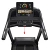 A close-up view of the console and screen of a black treadmill. Produktbild-Vorschau