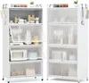 Two white kitchen cabinets side-by-side, one with doors open, displaying kitchen items. Náhľad obrázku produktu
