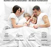 A family sleeping in a bed, with icons and text describing product features. Produktbild-Vorschau