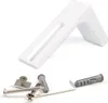 A white curtain rail bracket and its accompanying hardware are displayed against a white background. Produktbild-Vorschau