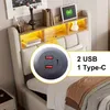 A bed with a headboard featuring storage and integrated lighting, with a close-up inset showing USB and Type-C charging ports. Produktbild-Vorschau