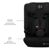 A close-up of a black child car seat with descriptive text and icons pointing to features. Podgląd zdjęcia produktu