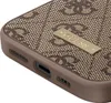 A close-up view of a brown phone case with a repeating logo pattern and a gold 'GUESS' emblem. Podgląd zdjęcia produktu