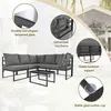 A sectional outdoor sofa set with a coffee table, presented with feature callouts. Podgląd zdjęcia produktu
