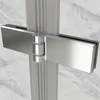 A close-up view of a shower door hinge connecting two glass panels. Produktbild-Vorschau