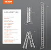 Diagrams and specifications for a VEVOR telescopic ladder. Podgląd zdjęcia produktu