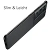 A close-up, angled view of a black smartphone case with a carbon fiber texture, placed on a white background. Voir les images du produit