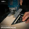 A close-up shot of a person using a jigsaw to cut wood, with a measuring square assisting the cut. Produktbild-Vorschau