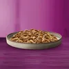 A plate of cat food is shown on a purple wooden surface with a blurred purple background. Produktbild-Vorschau