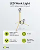 A product image featuring an LED work light on a telescopic tripod, with descriptive icons and text highlighting its features. Voir les images du produit