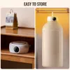 A split image showing a small white appliance on a wooden shelf and a tall beige appliance in a yellow-lit space. Voir les images du produit