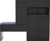 A black shoe cabinet with a built-in bench and blue cushion, shown against a white background. Produktbild-Vorschau