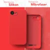 A split image showing two red phone cases. The left side displays a red silicone phone case with a camera cutout. The right side shows the interior of a red microfiber-lined phone case, also with a camera cutout and the brand name EAZY CASE visible. Produktbild-Vorschau