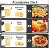 A collage showing three different pasta attachments for a KitchenAid mixer, each with an example of the pasta it produces. Produktbild-Vorschau