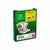 The back of a green box for playing cards, showing card faces and two small decks of cards. Produktbild-Vorschau