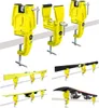 A collage of images showing yellow ski vises and ski/snowboard holding systems. Náhľad obrázku produktu