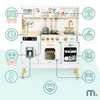 A detailed marketing image of a wooden play kitchen for children, showcasing various interactive features and accessories with callout diagrams. Produktbild-Vorschau