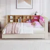 A bedroom scene featuring a bed with a bookshelf headboard and LED lighting. Náhled obrázku produktu