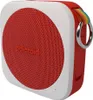A red and white Polaroid portable Bluetooth speaker with a rainbow-colored strap and a silver ring. Produktbild-Vorschau