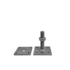 Two metal base plates for post supports, one with a bolt and nut attached, on a white background. Produktbild-Vorschau