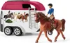 A toy horse and trailer set, with a toy rider on the horse. Produktbild-Vorschau