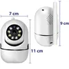 Two views of a white security camera with dimensions indicated by text and lines. Anteprima dell’immagine prodotto