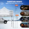 A white pop-up tent is shown in a snowy landscape with a white SUV parked next to it. The image also includes graphics illustrating adjustable heights and different use cases for the tent. Voir les images du produit