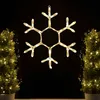 A lit snowflake decoration hangs in the center, flanked by two illuminated evergreen trees in pots. Produktbild-Vorschau