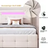 A close-up view of a bed with a tufted headboard and pillows, featuring a pink LED light strip above the headboard. Text overlays highlight product features and material. Produktbild-Vorschau